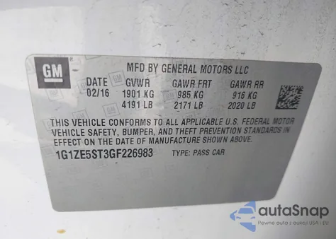 2016 Chevrolet Malibu 1Lt from USA, damaged, VIN 1G1ZE5ST3GF226983